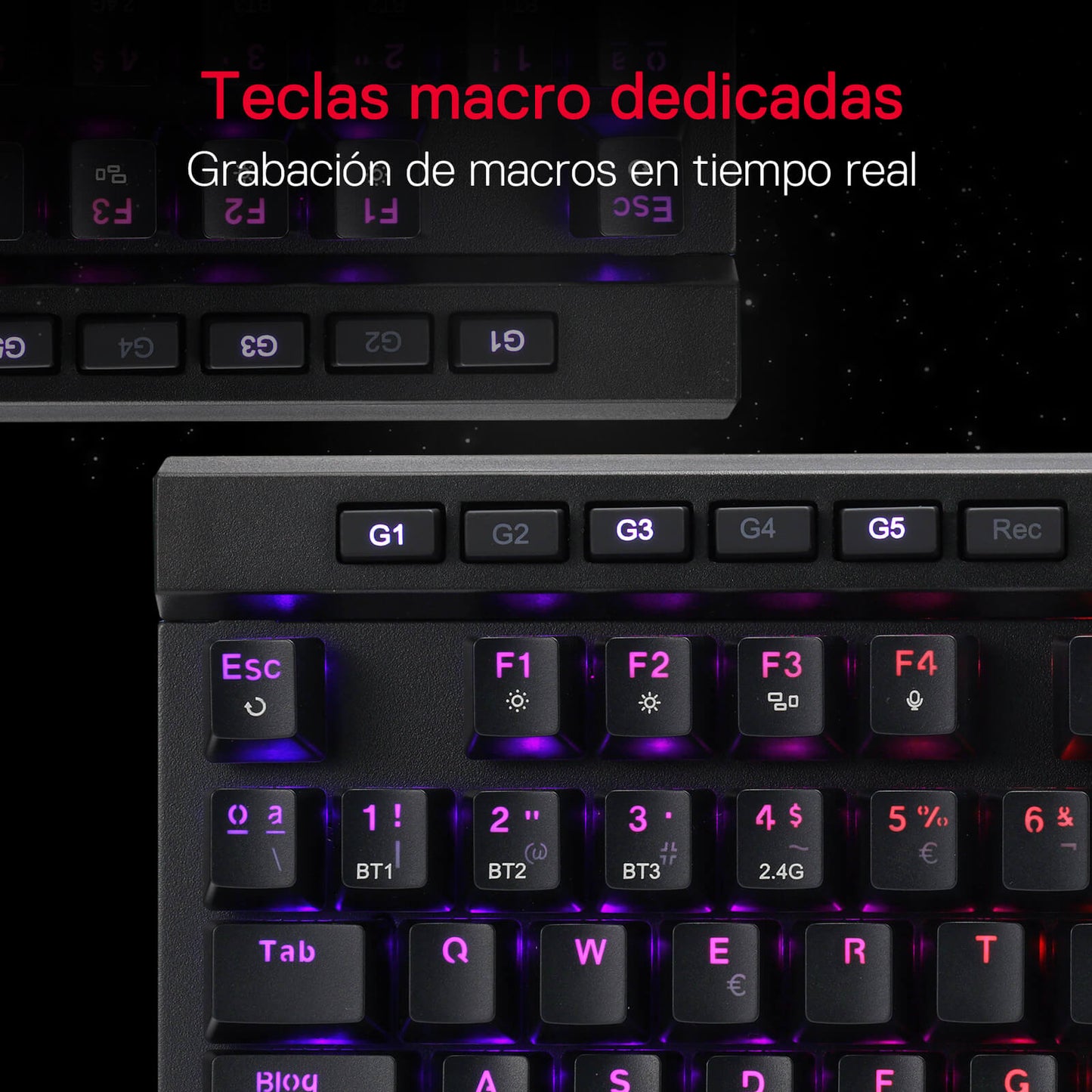 Teclado inalámbrico RGB para juegos Redragon K580 PRO con distribución QWERTY, teclas G para macros y rueda multimedia, 5 teclas combinadas integradas