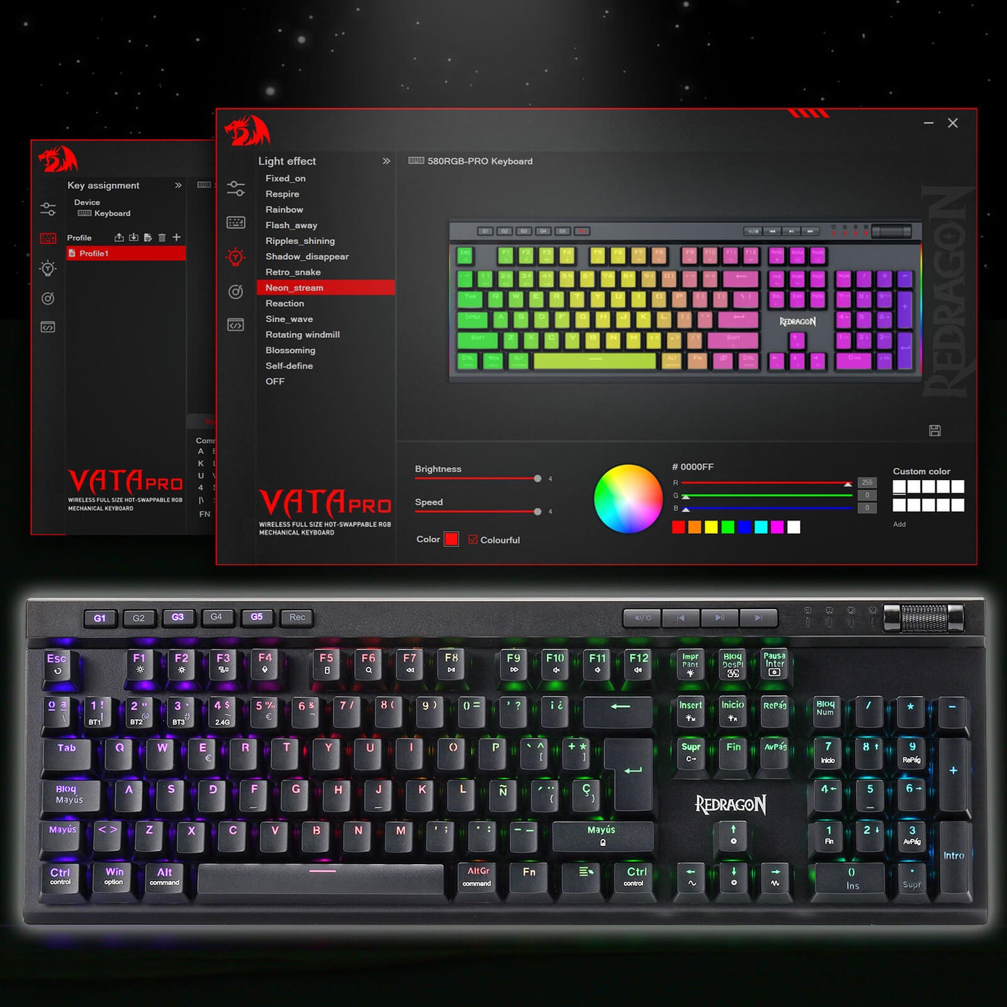 Teclado inalámbrico RGB para juegos Redragon K580 PRO con distribución QWERTY, modo triple sin retardo para múltiples dispositivos, con zócalo intercambiable