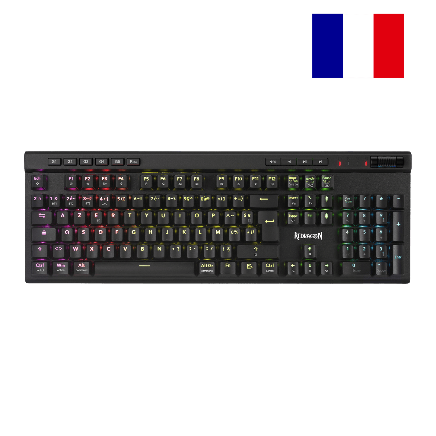 Clavier de jeu sans fil RGB Redragon K580 PRO, clavier mécanique à 104 touches avec 3 modes, connecteur Hot-Swap, commandes multimédia dédiées et enregistrement de macros intégré, commutateurs linéaires rouges