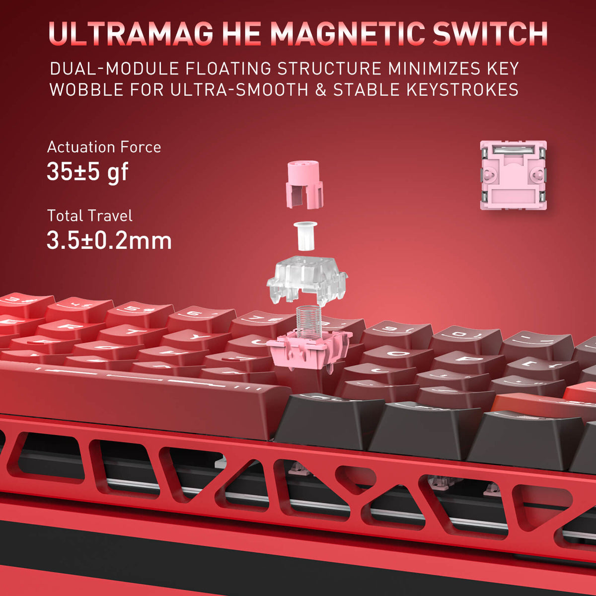 The Ultramag HE magnetic switch is showcased, with a dual-module floating structure for smooth keystrokes and 35±5 gf actuation force.