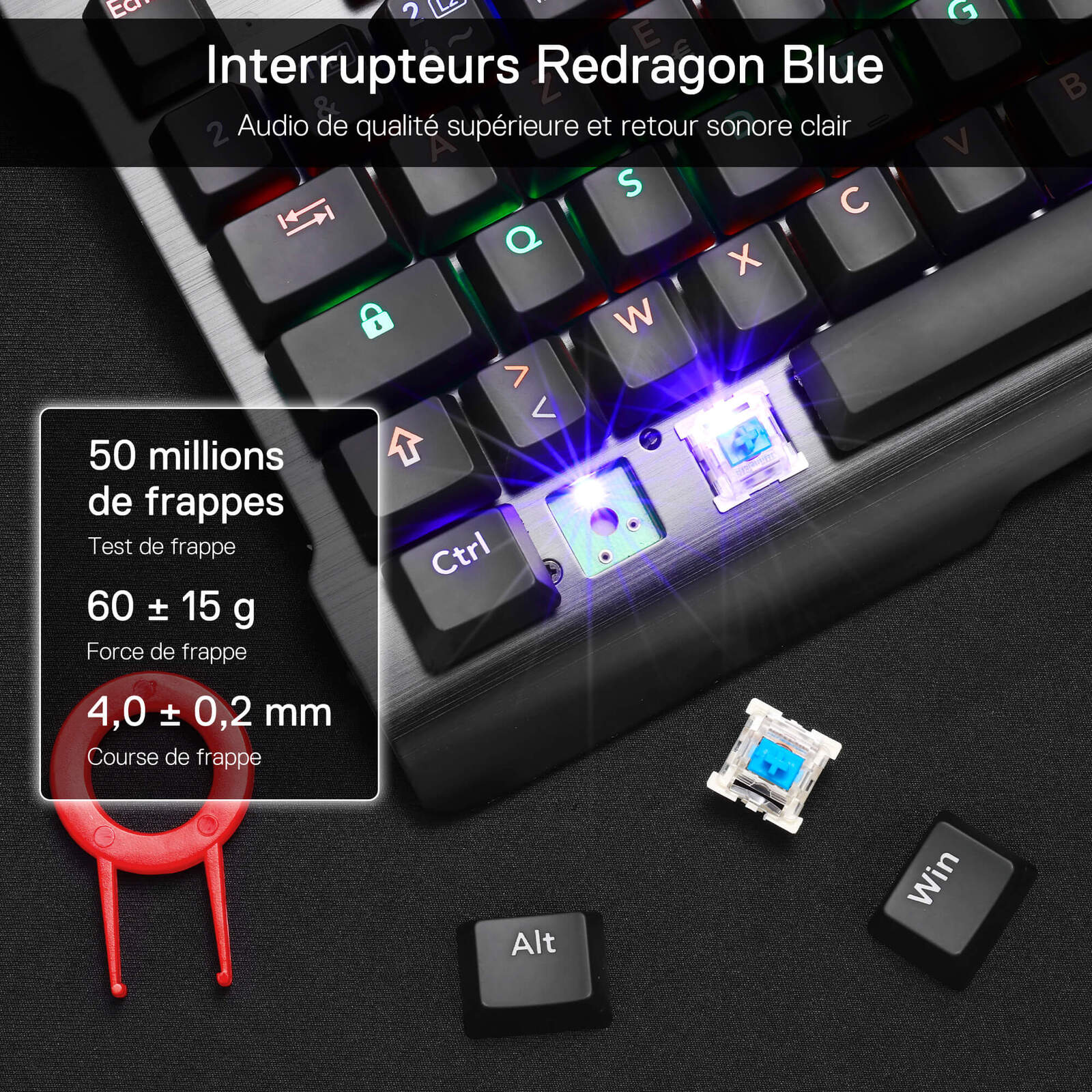 The Redragon blue switches are described in detail, with the following specifications: 50 million keystrokes, an actuation force of 60 ± 15 g and a key travel of 4.0 ± 0.2 mm, and come with a key puller.