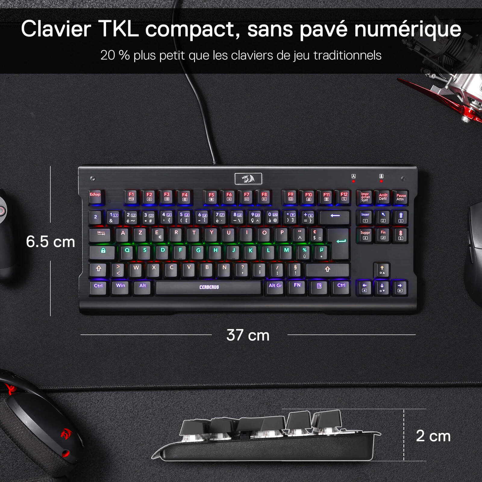 The compact TKL keyboard, which lacks a numeric keypad, is 20% smaller than traditional gaming keyboards, with its dimensions (37 x 6.5 cm) clearly stated.