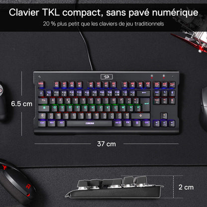 The compact TKL keyboard, which lacks a numeric keypad, is 20% smaller than traditional gaming keyboards, with its dimensions (37 x 6.5 cm) clearly stated.