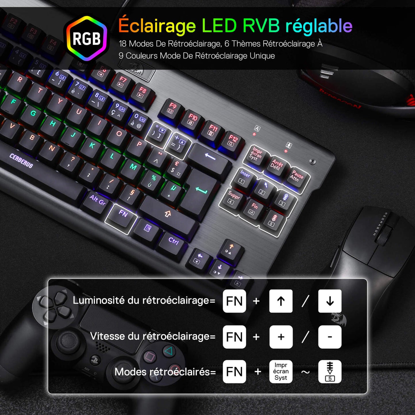 The keyboard features adjustable RGB LED lighting, with 18 backlight modes and keyboard shortcuts to adjust brightness, speed and modes.