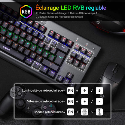 The keyboard features adjustable RGB LED lighting, with 18 backlight modes and keyboard shortcuts to adjust brightness, speed and modes.