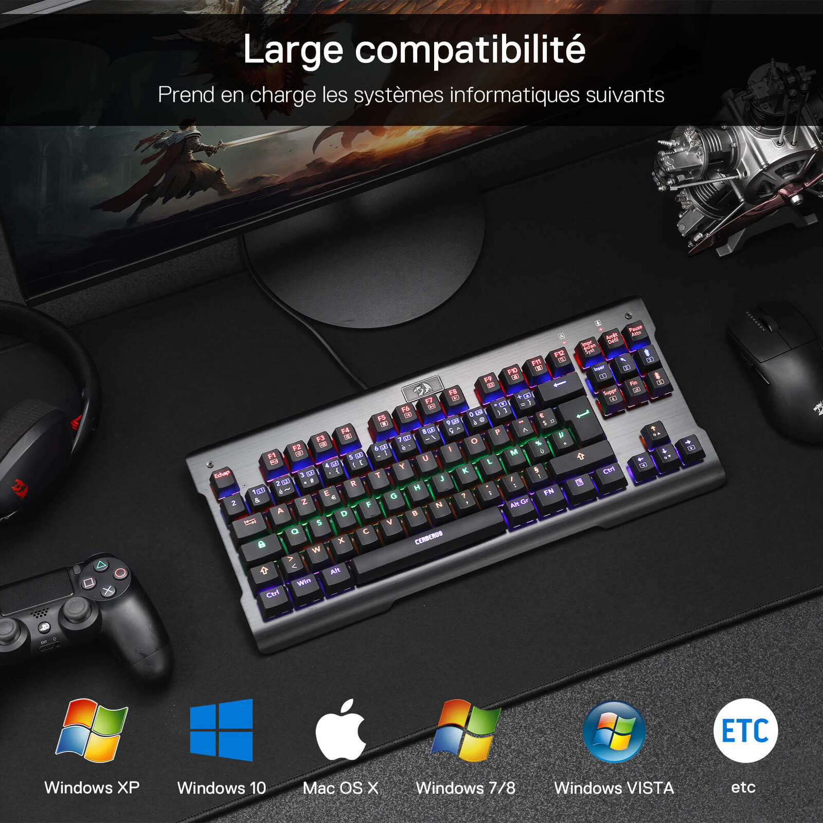 The keyboard is compatible with a wide range of operating systems (Windows XP/7/8/10/Vista, Mac OS X), shown here as part of a complete gaming setup with a controller and headphones.