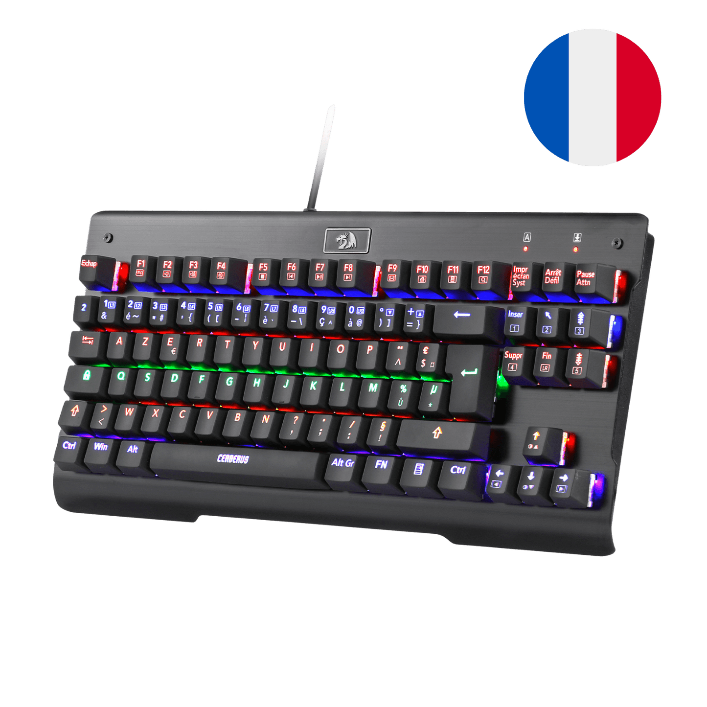 The Redragon Cerberus TKL mechanical keyboard is shown with its RGB lighting and a French flag, highlighting its suitability for French-speaking users.