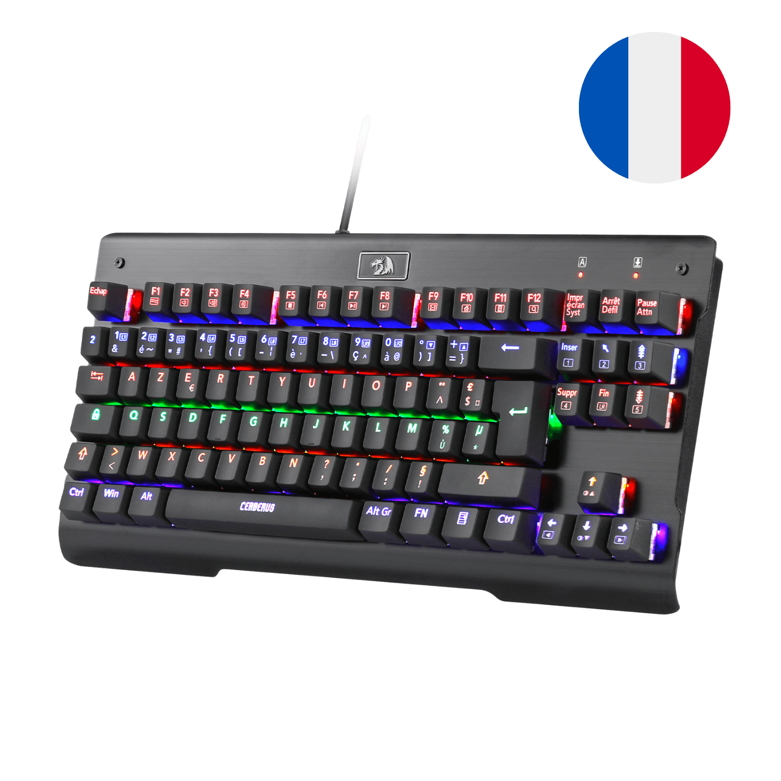 The Redragon Cerberus TKL mechanical keyboard is shown with its RGB lighting and a French flag, highlighting its suitability for French-speaking users.