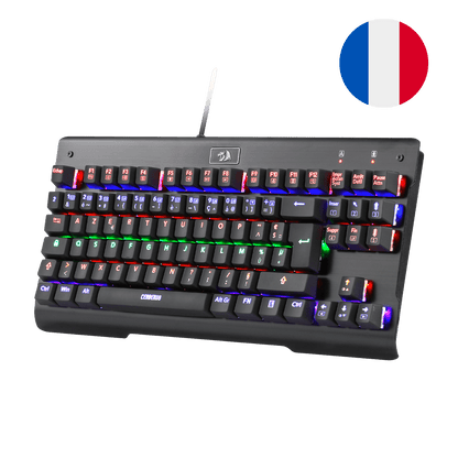 The Redragon Cerberus TKL mechanical keyboard is shown with its RGB lighting and a French flag, highlighting its suitability for French-speaking users.