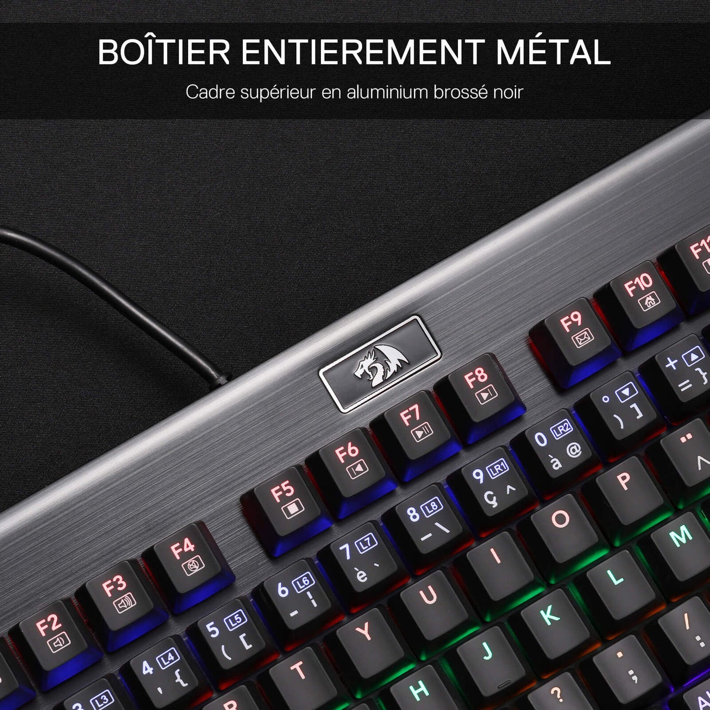 The Redragon Cerberus mechanical keyboard stands out thanks to its black brushed aluminium chassis and its multi-coloured RGB backlighting.