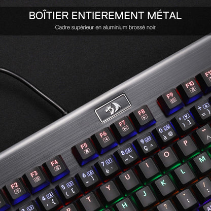 The Redragon Cerberus mechanical keyboard stands out thanks to its black brushed aluminium chassis and its multi-coloured RGB backlighting.