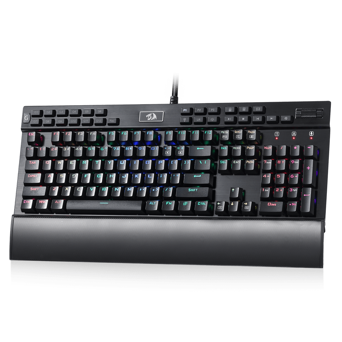 Redragon EU K550 RGB Gaming Keyboard, 104 Keys + 12 Macro G Keys Wired Mechanical Keyboard w/Aluminum Top Plate, Custom Clicky Purple Switch, Extra USB Port & Wrist Rest| show