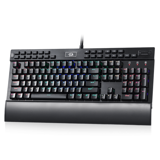 Redragon EU K550 RGB Gaming Keyboard, 104 Keys + 12 Macro G Keys Wired Mechanical Keyboard w/Aluminum Top Plate, Custom Clicky Purple Switch, Extra USB Port & Wrist Rest| show
