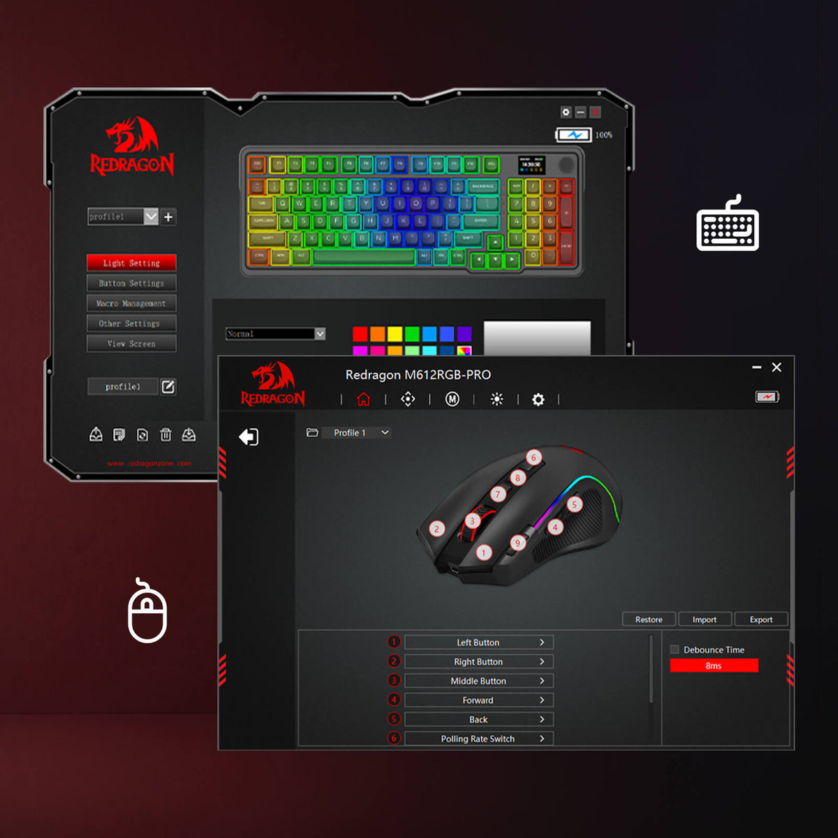 Redragon EU software interface showing a RGB mechanical keyboard and a mouse customization preview on a dark gradient background.