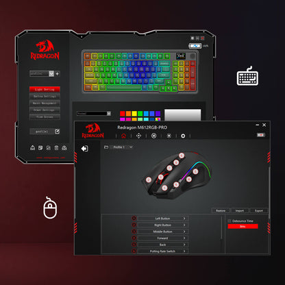 Redragon EU software interface showing a RGB mechanical keyboard and a mouse customization preview on a dark gradient background.