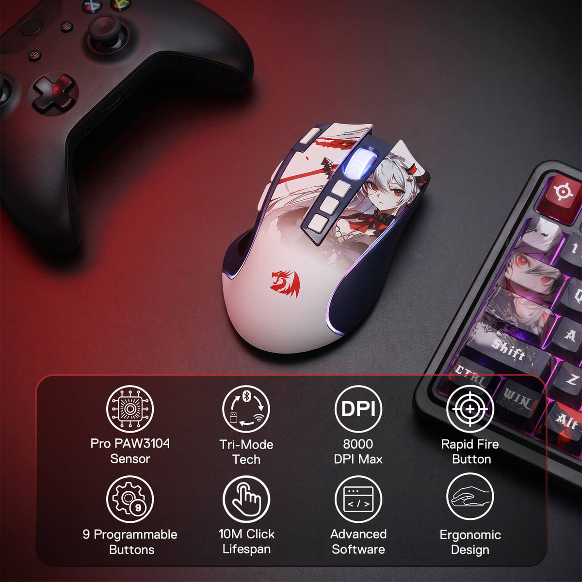 Redragon EU Anime Keyboard & Mouse Combo, K719 PRO KB + M612AK 8000 DPI Mice | Multi-Function Control Knob, LED Screen & Knob, 0-Delay Tri-Mode, 95 keys Creamy Cushioned Typing, 9 Button Macro Combos