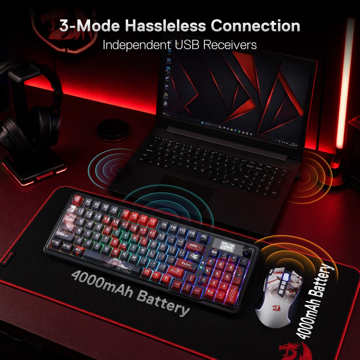 Redragon EU Anime Keyboard & Mouse Combo, K719 PRO , '3-Mode Hassleless Connection', 'Independent USB Receivers', and '4000mAh Battery'.