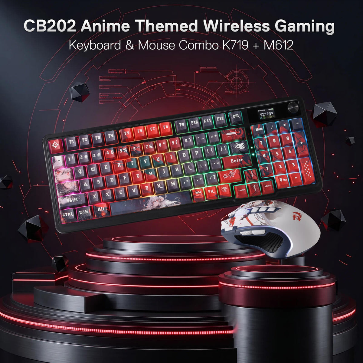 Redragon EU Anime Keyboard & Mouse Combo, K719 PRO KB + M612AK 8000 DPI Mice | Multi-Function Control Knob, LED Screen & Knob, 0-Delay Tri-Mode, 95 keys Creamy Cushioned Typing, 9 Button Macro Combos