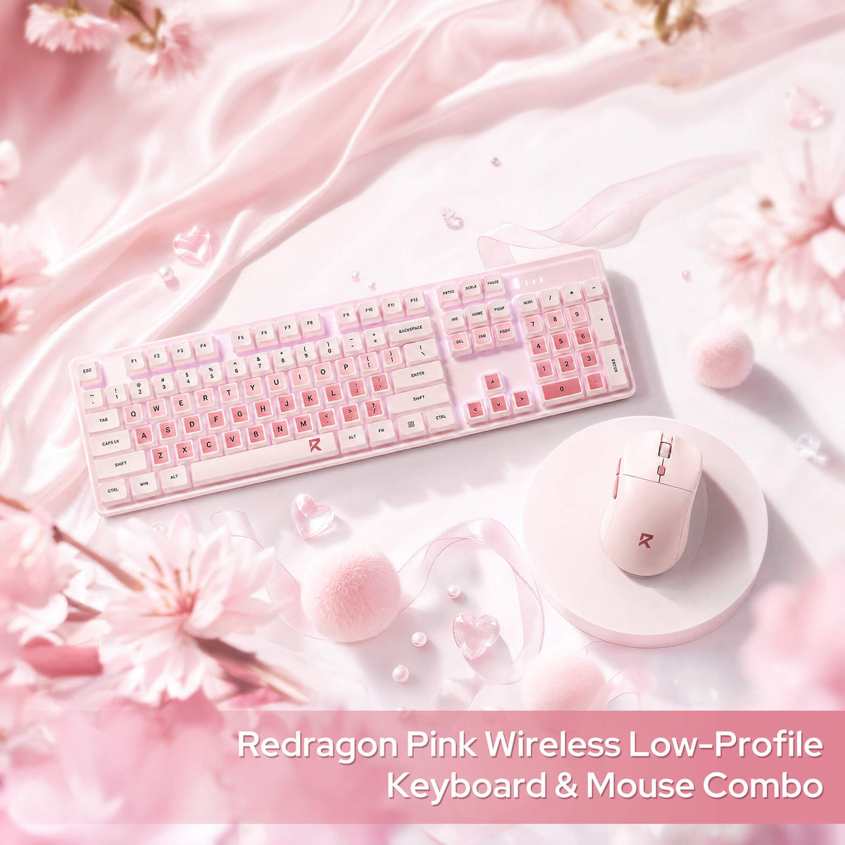 Redragon EU BS 8531 Wireless Keyboard & Mouse Combo, 104 Keys Low-Profile Mechanical Switch White LED Gaming Keyboard and 8000 DPI Mouse Bundle, Sakura Pink