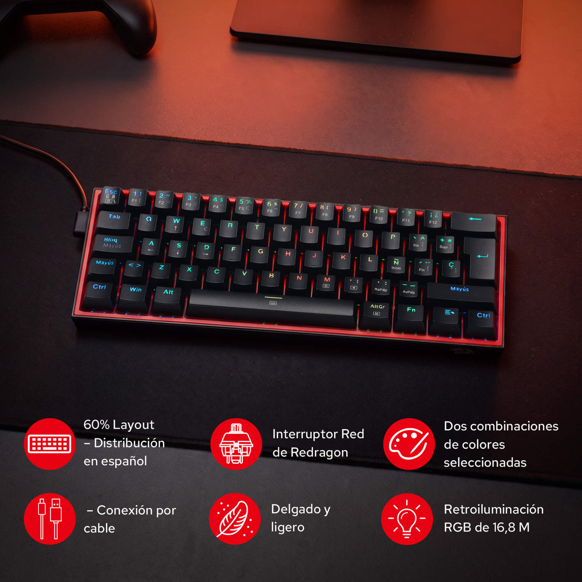 Redragon EU CB201 QWERTY: combo para juegos con cable Redragon EU CB201, diseño compacto al 60 %, modos RGB intercambiables en caliente, 5 niveles de DPI hasta 8000 DPI, 11 botones programables en el ratón, función de disparo rápido con macros y software PRO