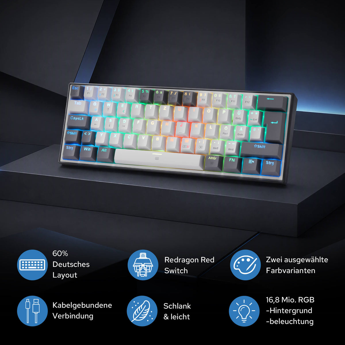 Redragon EU CB201 QWERTZ Redragon EU CB201 Kabelgebunden Gaming‑Combo 60%‑Compact‑Layout Hot‑Swap RGB‑Modi, 5 DPI‑Stufen 8000 DPI, 11 programmierbare Maustasten, Makro‑Schnellfeuer‑Funktion, PRO‑Software