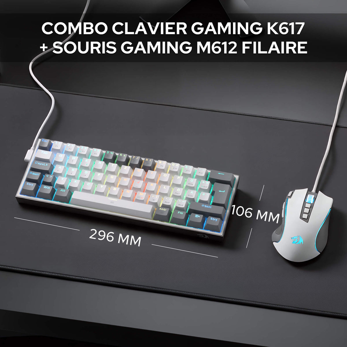Redragon EU CB201 QWERTZ Redragon EU CB201 Kabelgebunden Gaming‑Combo 60%‑Compact‑Layout Hot‑Swap RGB‑Modi, 5 DPI‑Stufen 8000 DPI, 11 programmierbare Maustasten, Makro‑Schnellfeuer‑Funktion, PRO‑Software