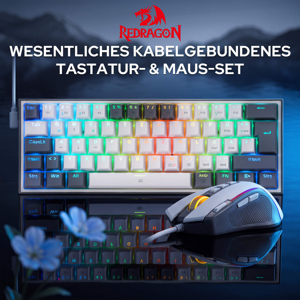 Redragon EU CB201 QWERTZ Redragon EU CB201 Kabelgebunden Gaming‑Combo 60%‑Compact‑Layout Hot‑Swap RGB‑Modi, 5 DPI‑Stufen 8000 DPI, 11 programmierbare Maustasten, Makro‑Schnellfeuer‑Funktion, PRO‑Software