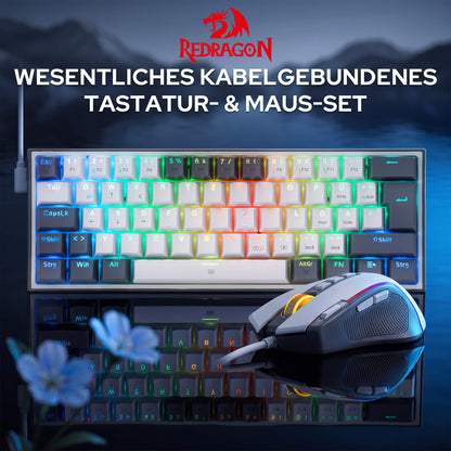 Redragon EU CB201 QWERTZ Redragon EU CB201 Kabelgebunden Gaming‑Combo 60%‑Compact‑Layout Hot‑Swap RGB‑Modi, 5 DPI‑Stufen 8000 DPI, 11 programmierbare Maustasten, Makro‑Schnellfeuer‑Funktion, PRO‑Software