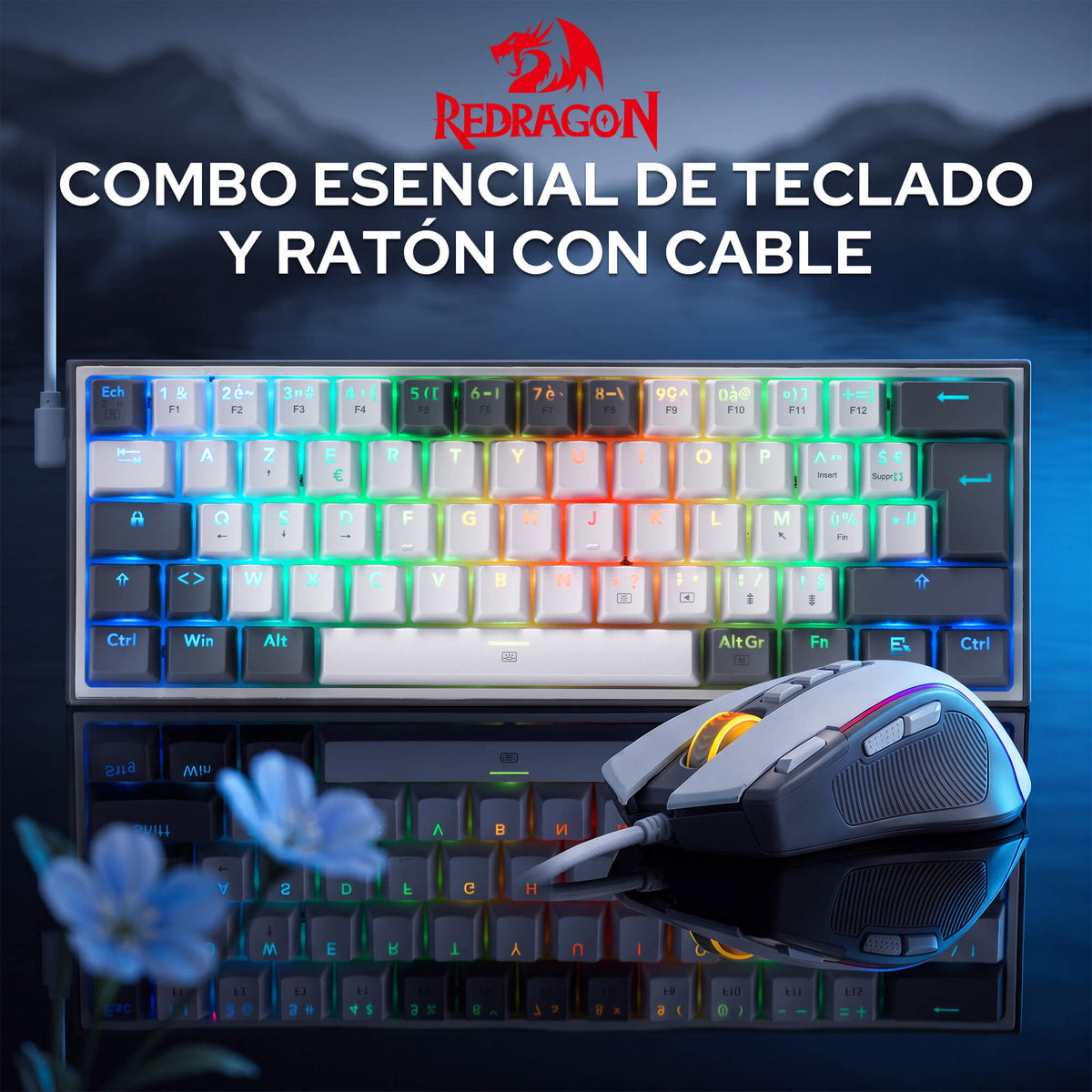  Redragon EU CB201  AZERTY Kabelgebunden Gaming‑Combo 60%‑Compact‑Layout Hot‑Swap RGB‑Modi, 5 DPI‑Stufen 8000 DPI, 11 programmierbare Maustasten, Makro‑Schnellfeuer‑Funktion, PRO‑Software