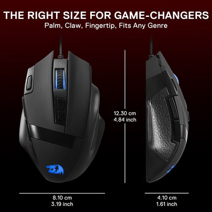 Dual views of a gaming mouse (with dimensions listed) emphasize its versatile size, fitting palm, claw, and fingertip grips for any game genre.