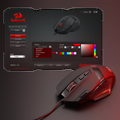 This image shows a Redragon EU gaming mouse (lit in red RGB) paired with its customization software interface, which allows adjusting lighting effects, colors, and other settings for personalized use.