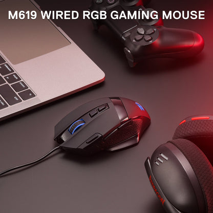 The Redragon EU M619 wired RGB gaming mouse is shown in a setup (laptop, controller, headset), highlighting its sleek design and RGB accents.