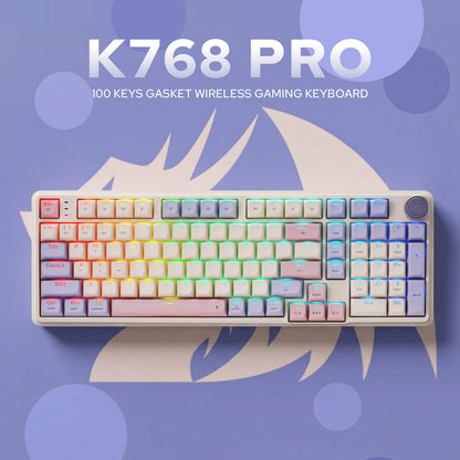 K768 Pro gaming keyboard with colorful backlighting on a blue background