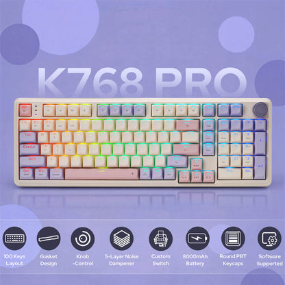 K768 Pro keyboard with colorful backlight on a purple background