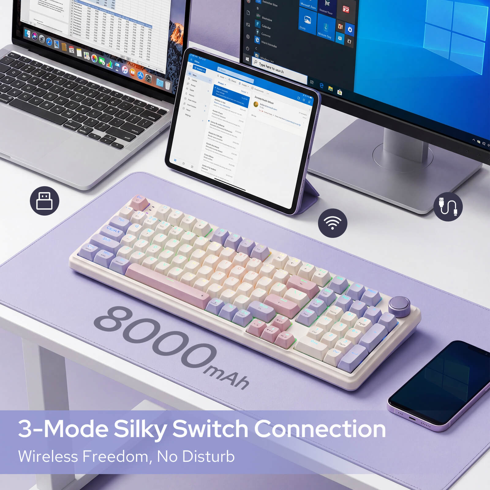 Multicolored keyboard on a desk with electronic devices and text about battery capacity and connection modes.
