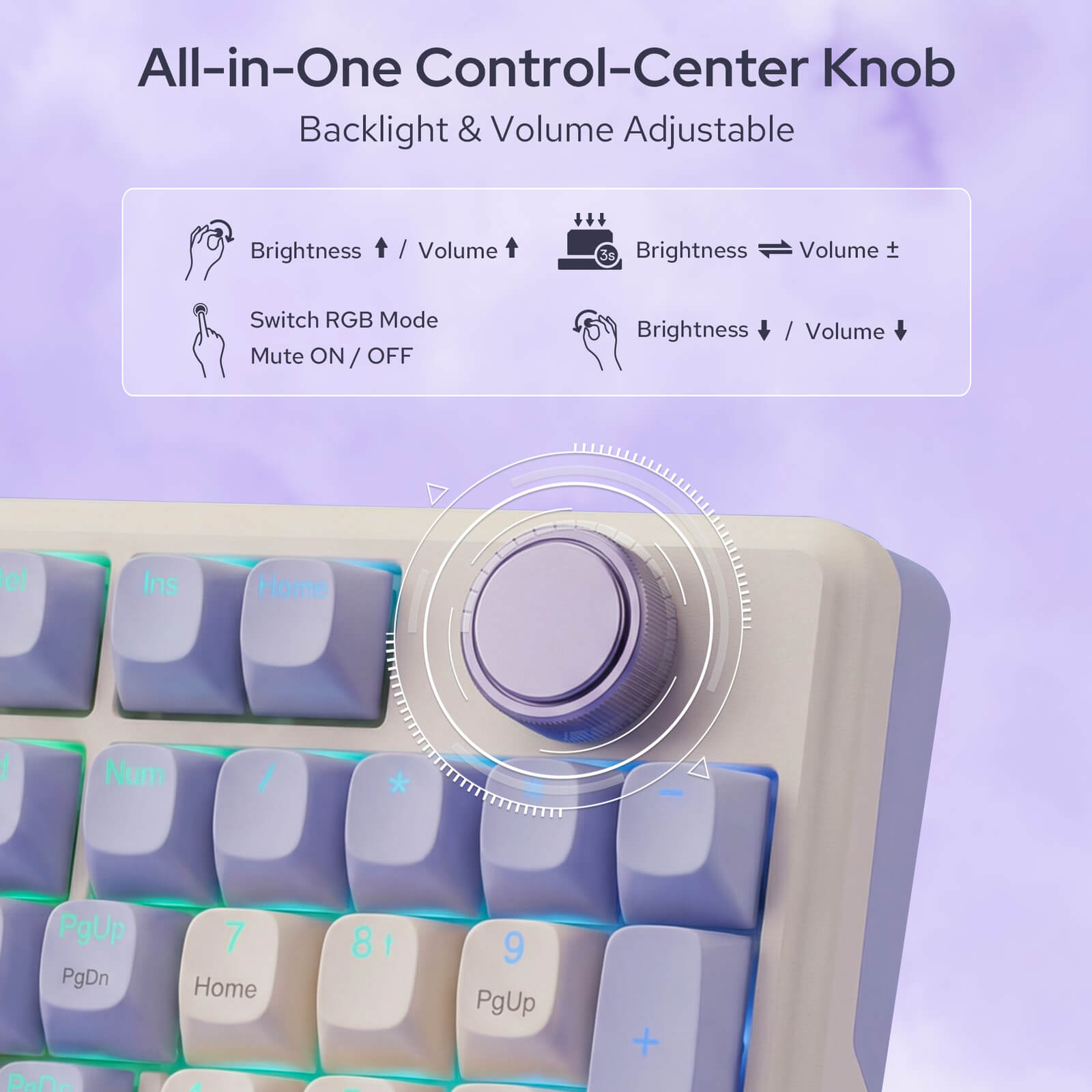 Keyboard with a central control knob for backlight and volume adjustments on a purple background.