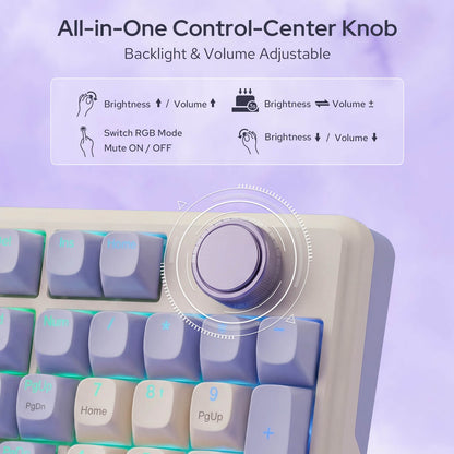 Keyboard with a central control knob for backlight and volume adjustments on a purple background.