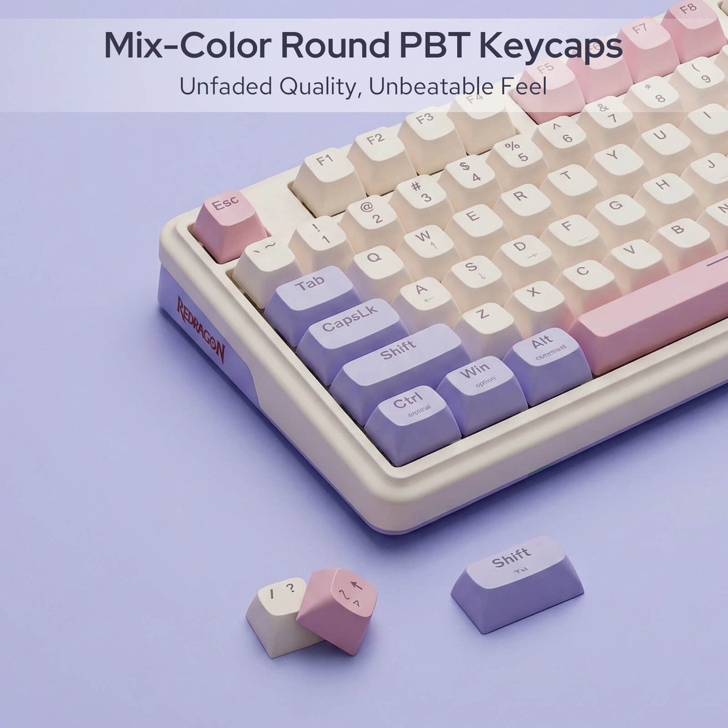 Keyboard with mix-color round PBT keycaps on a light purple background