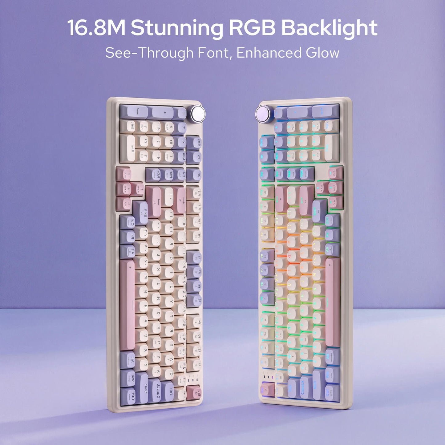 Two keyboard models with RGB backlighting on a purple background
