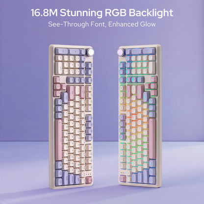 Two keyboard models with RGB backlighting on a purple background