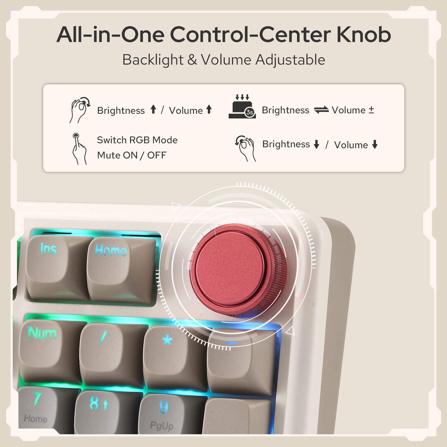 All-in-one control center knob with backlight and volume adjustment features on a keyboard.