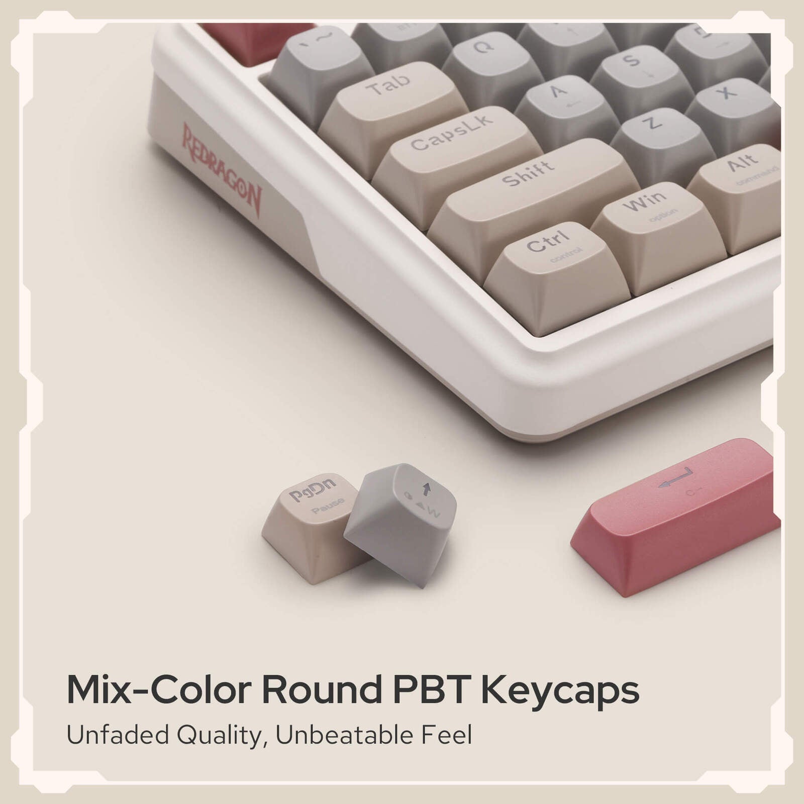 Keyboard with mix-color round PBT keycaps on a light background