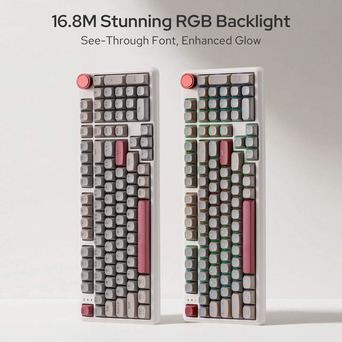 Two mechanical keyboards with RGB backlighting on a white background