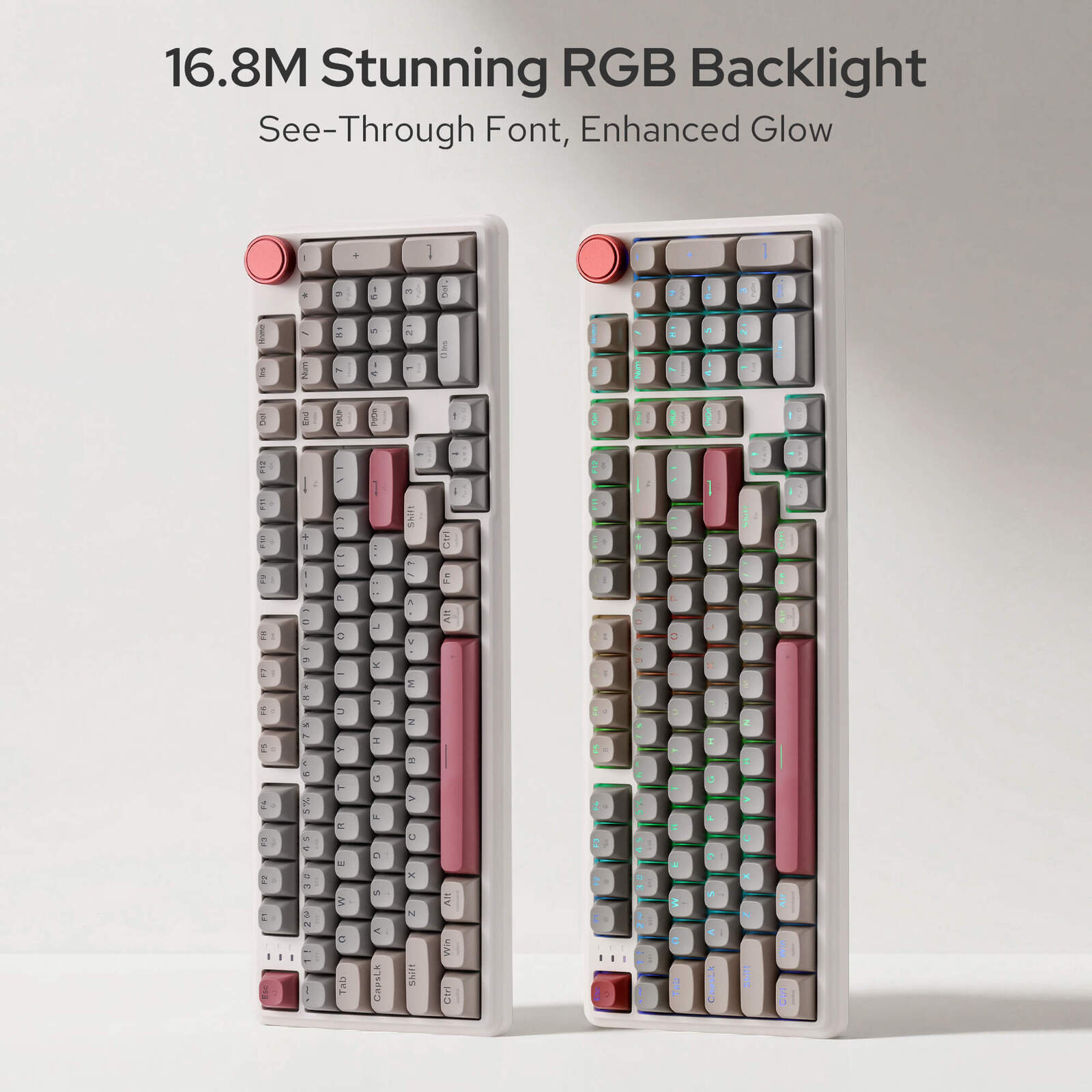 Two mechanical keyboards with RGB backlighting on a white background