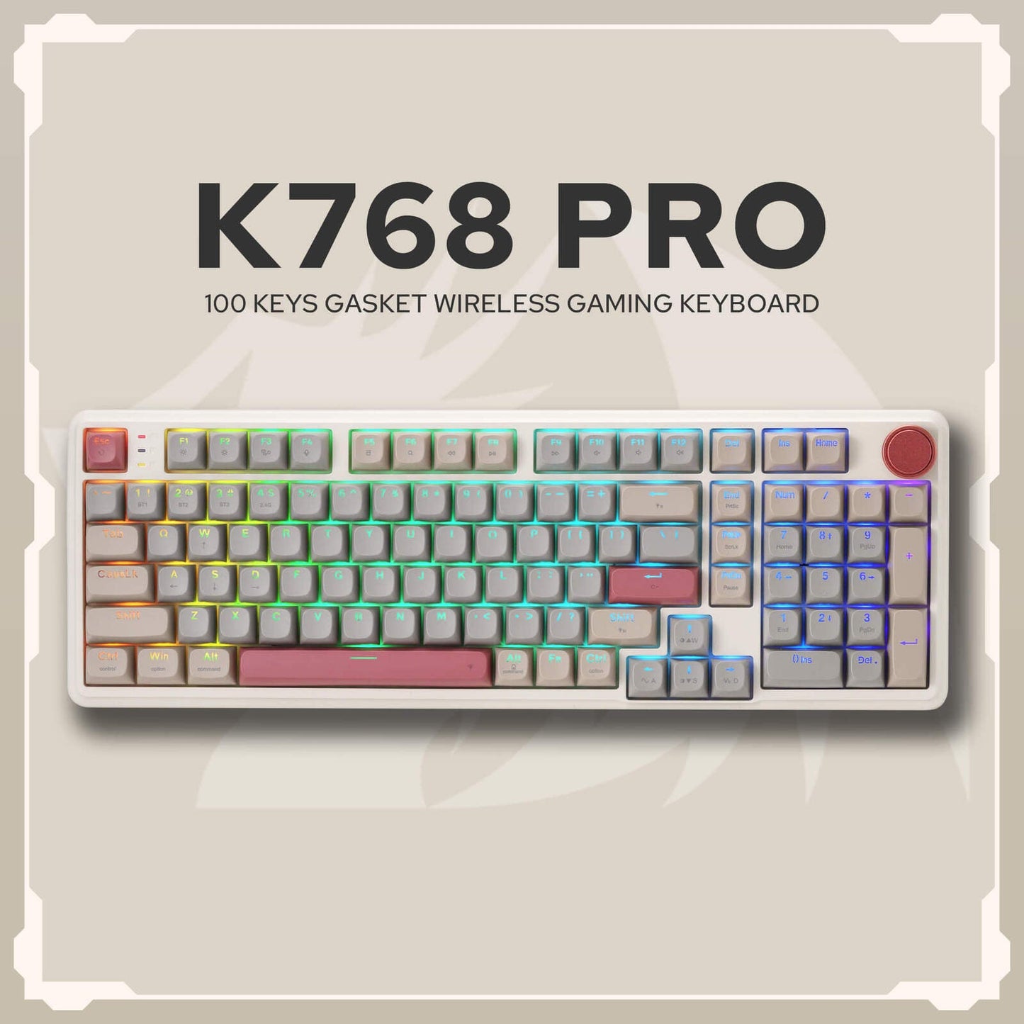 K768 PRO gaming keyboard with RGB lighting on a light gray background