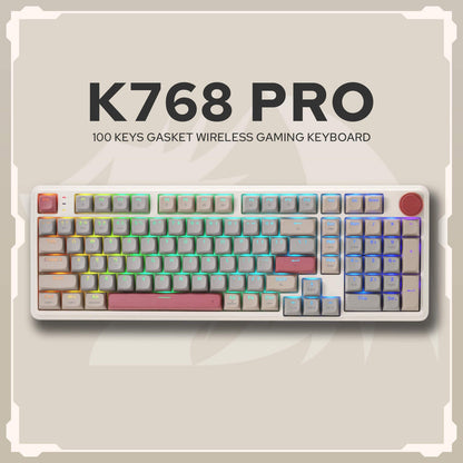 K768 PRO gaming keyboard with RGB lighting on a light gray background