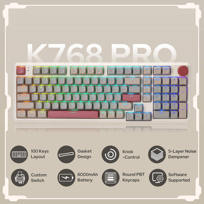 K768 Pro keyboard with features listed on a light gray background