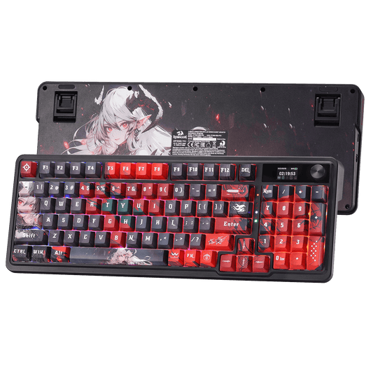 Redragon EU K719 PRO Wireless Gasket Gaming Keyboard w/Hype Screen & Knob, 95 Keys Mechanical Keyboard, Easy-Control 1.14’’ TFT Info Display, 5-Layer Noise Dampening, Custom Linear Switch, Anime Edition, Black and Red