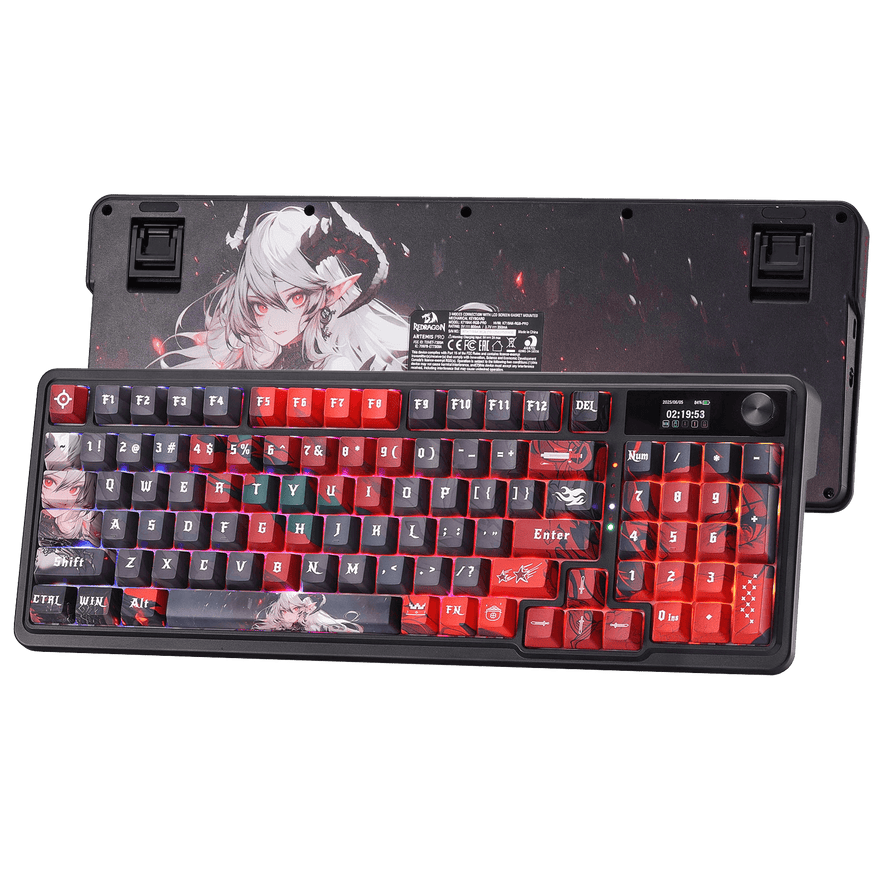 Redragon EU K719 PRO Wireless Gasket Gaming Keyboard w/Hype Screen & Knob, 95 Keys Mechanical Keyboard, Easy-Control 1.14’’ TFT Info Display, 5-Layer Noise Dampening, Custom Linear Switch, Anime Edition, Black and Red