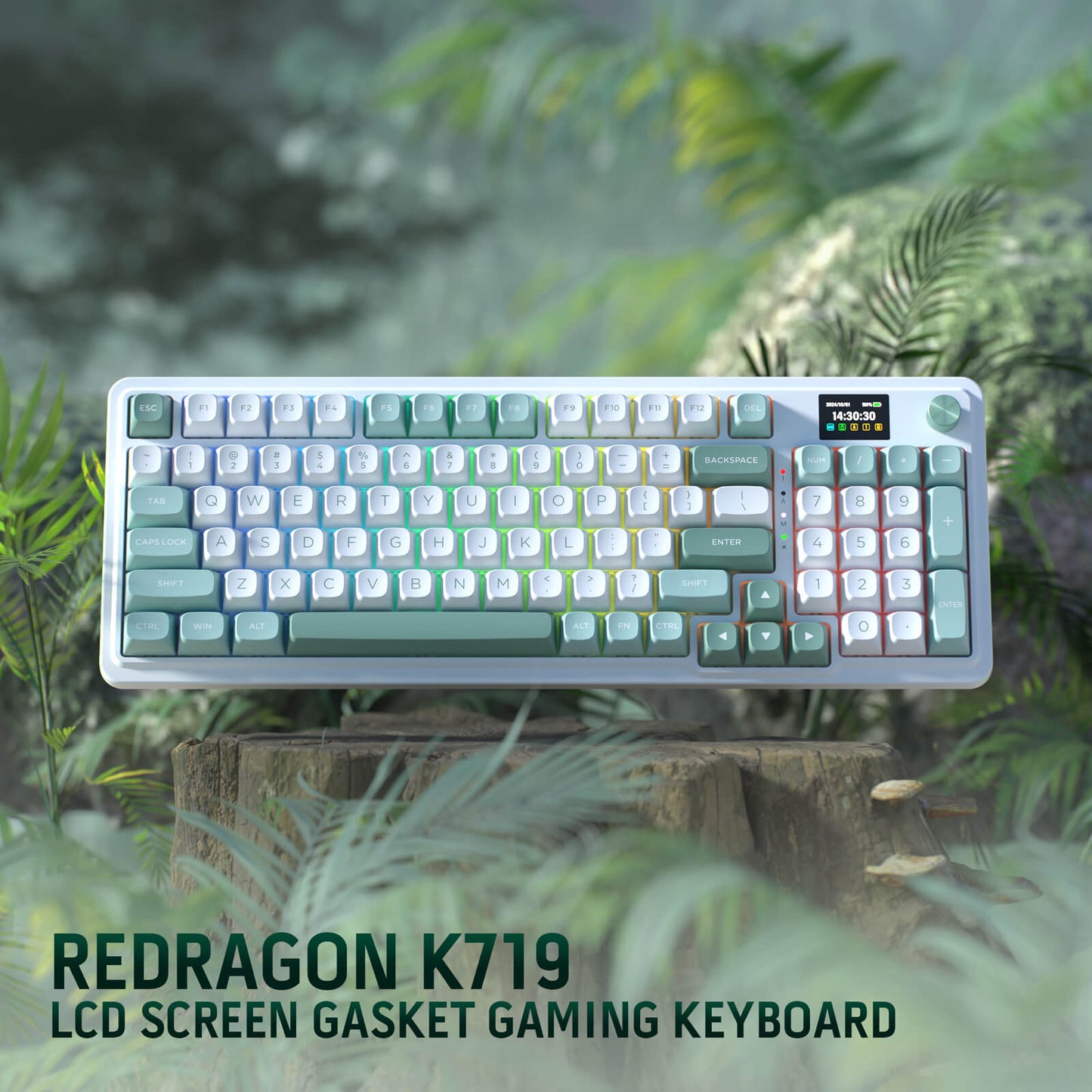 Redragon EU K719 Wireless Gasket Gaming Keyboard w/Hype Screen & Knob, 95 Keys Mechanical Keyboard, Easy-Control 1.14’’ TFT Info Display, 5-Layer Noise Dampening, Custom Linear Switch, Jade Cloud Color